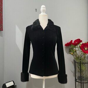 NEW Outlaw Vintage Velour Button Front Faux Fur Trimmed Long Sleeve Shirt Jacket